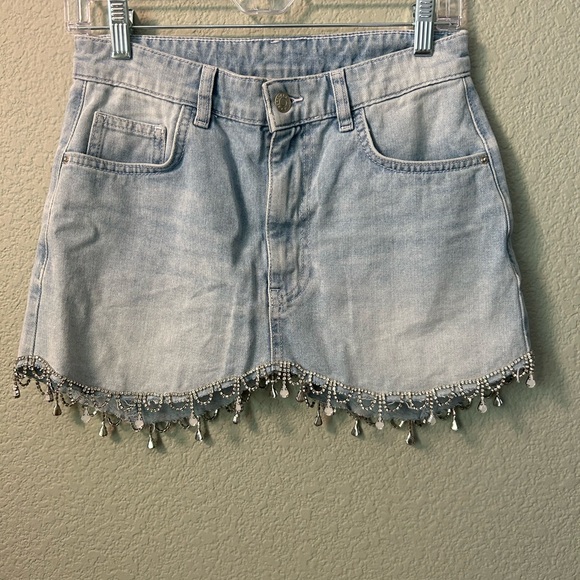 Bershka Light Wash Denim Mini Skirt with Rhinestone Fringe - Picture 3 of 9
